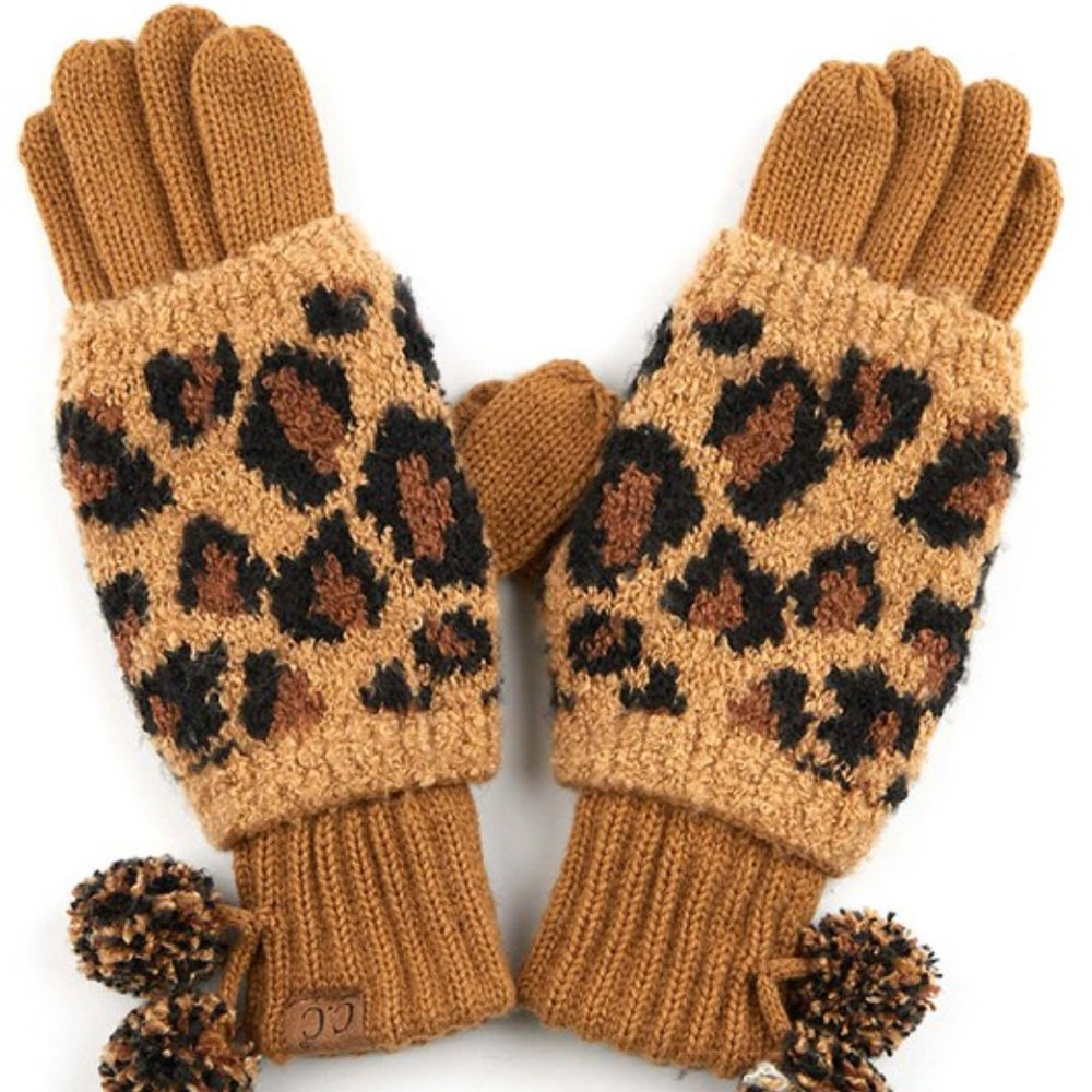 🚨 1 LEFT! C.C Leopard Knit Touch Pom Poms Glove Set - Picture 3 of 11
